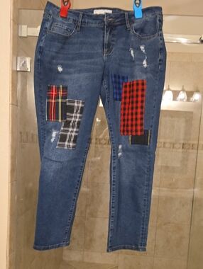 Straight-Leg Patchwork Blue Jeans with Plaid Accents
